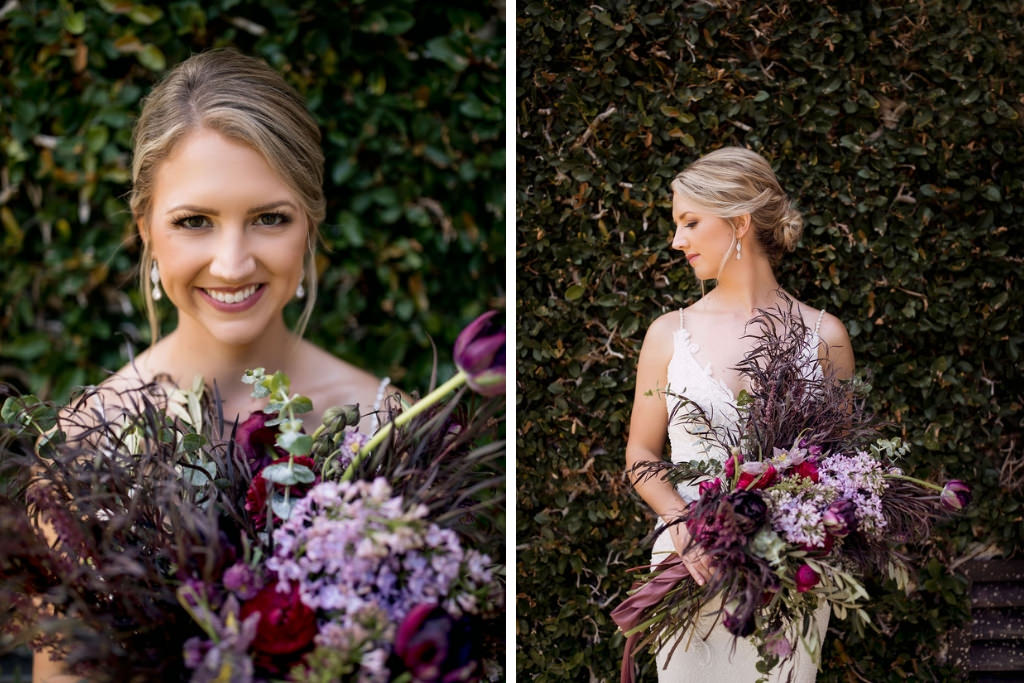 Florida Bride Getting Ready Wedding Beauty Portrait in Lace Deep Plunging V Neckline and Spaghetti Strap Enzoani Wedding Dress with Unique Purple, Plum, Lilac and Greenery Floral Bridal Bouquet
