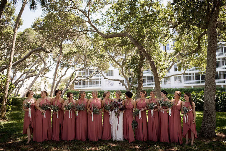 Tampa Bay Bride and Bridesmaids Bridal Party Portrait in Mauve Matching Floor Length Dresses | Wedding Attire Shop Bella Bridesmaids | The Resort at Longboat Key Club