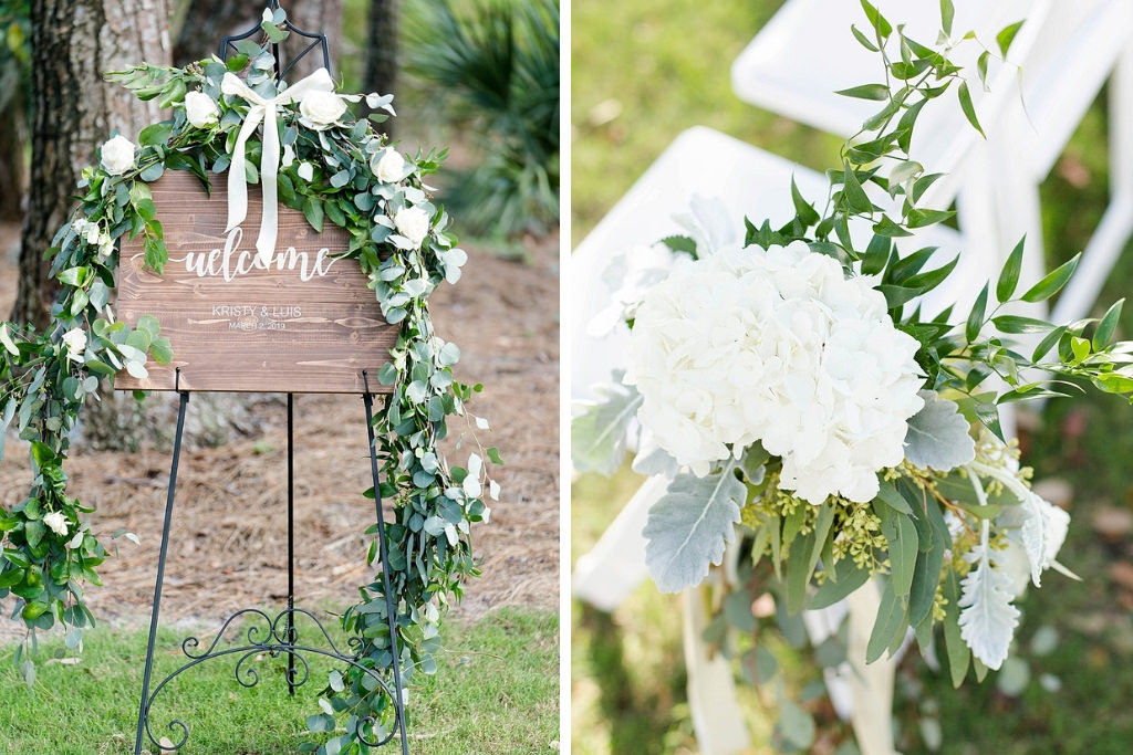 Rustic Elegant Wedding Ceremony Decor, Wooden Welcome Sing with Eucalyptus Greenery and White Floral Garland, White Hydrangea and Greenery Floral Arrangement on Chair