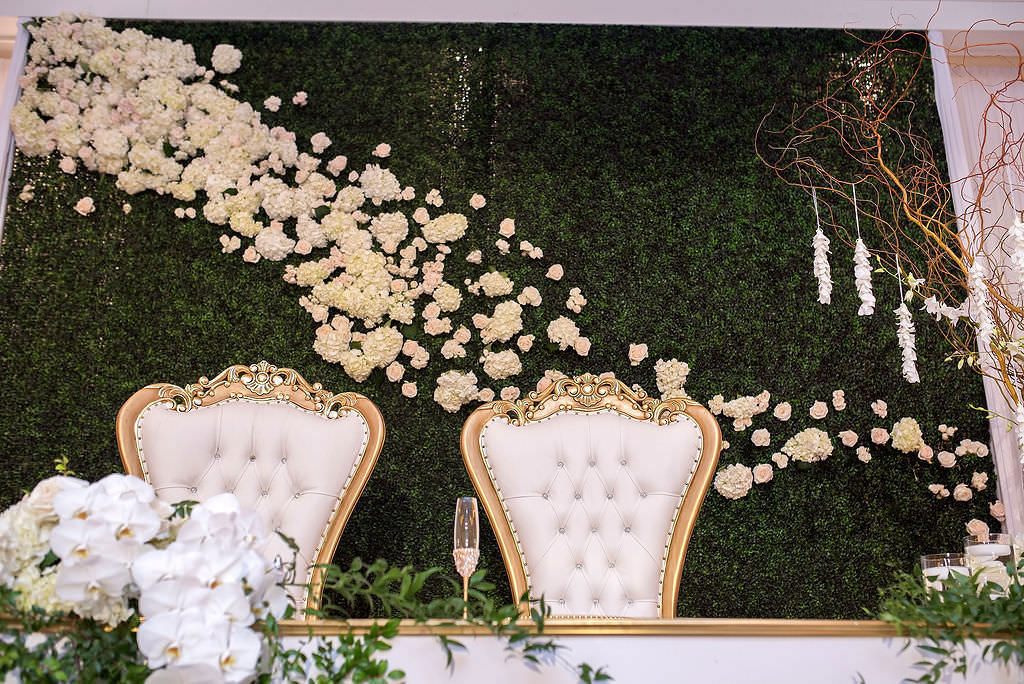 INSTAGRAM Elegant Classic Wedding Reception Decor, Greenery Backdrop with White and Blush Pink Cascading Flowers, Gold and Ivory Victorian Style Bride and Groom Chairs and Sweetheart Table | Tampa Bay Wedding Photographer Kristen Marie Photography | Clearwater Wedding Florist, Rentals Gabro Event Services | Wedding Day of Coordinator Special Moments Event Planning