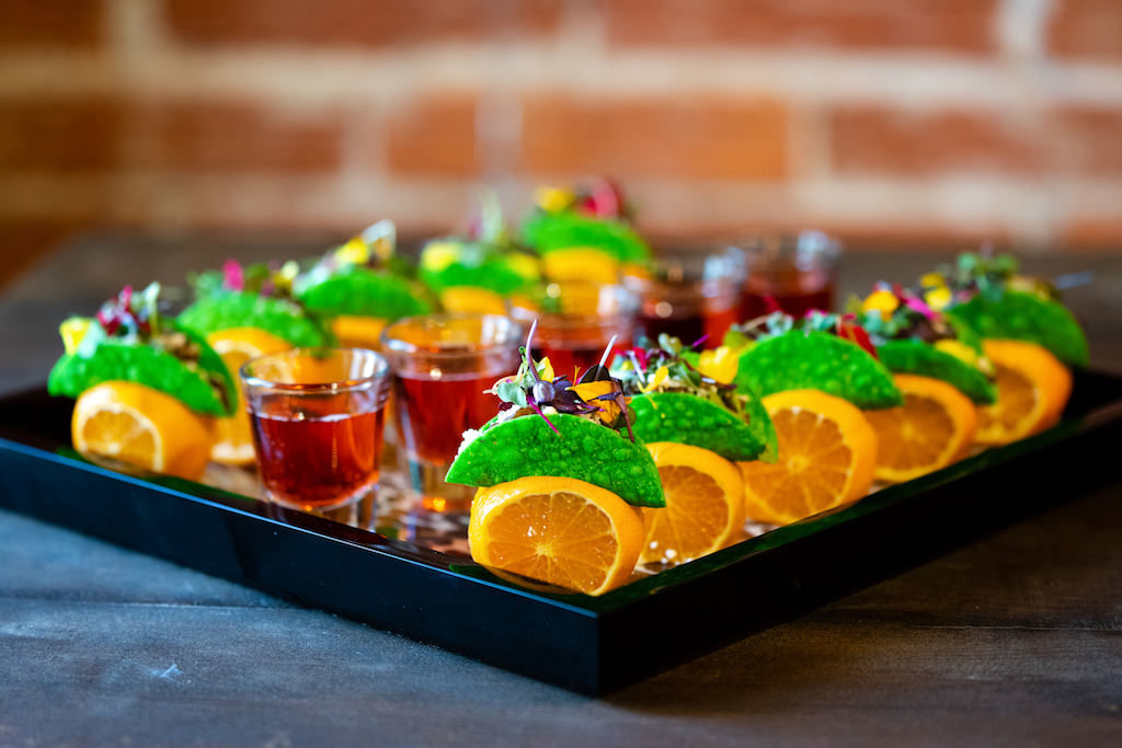 Beyond Mini Vegan Tacos with Orange Fruit Garnish | Best Tampa Bay Wedding Caterer Elite Events Catering | Grind & Press Photography
