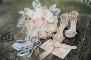 Blush Pink and White Roses, Dusty Miller Floral Bridal Bouquet, Rhinestone Strappy Sandal Wedding Shoes, Philadelphia Eagles Football Team Garter, Blush Pink Lace Wedding Invitation