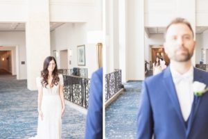 Tampa Bride and Groom Hotel Hallway First Look Wedding Portrait | Wedding Hair and Makeup Femme Akoi