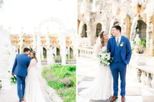 Boho Inspired Florida Bride and Groom in Outdoor Garden Courtyard, Groom in Navy Suit | Tampa Bay Wedding Photographers Shauna and Jordon Photography