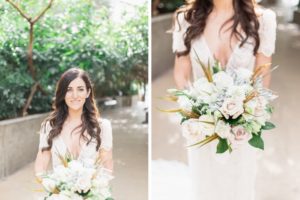 Florida Bride Beauty Wedding Portrait Holding Garden Inspired Blush Pink and Ivory Roses, Yellow and Green Leaves and Dusty Miller Floral Bridal Bouquet | Tampa Bay Wedding Hair and Makeup Femme Akoi