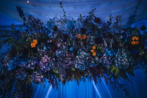 Unique, Creative Modern Contemporary Dark and Moody Purple, Blue, Orange, Dark Purple and Greenery Hydrangeas Floral Wedding Arrangement | Tampa Bay Wedding Planner Special Moments Event Planner