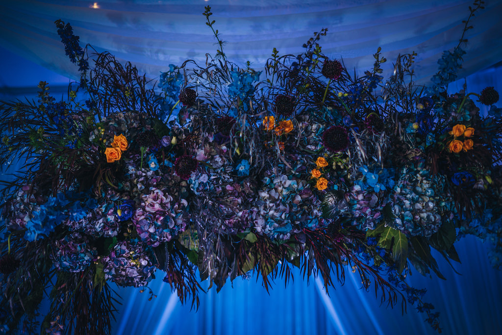 Unique, Creative Modern Contemporary Dark and Moody Purple, Blue, Orange, Dark Purple and Greenery Hydrangeas Floral Wedding Arrangement | Tampa Bay Wedding Planner Special Moments Event Planner