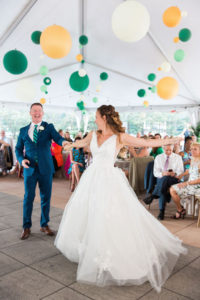 Rustic Elegant Bride and Groom First Dance Wedding Portrait, Whimsical Yellow, Green and White Hanging Balloon Tent Wedding Reception Decor | South Tampa Wedding Venue The Epicurean Hotel | Tampa Wedding DJ Grant Hemond and Associates