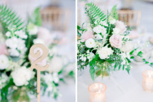 Elegant Blush Pink and White Wedding Reception Decor, Low Centerpieces, Gold Table Number | Tampa Bay Wedding Photographers Shauna and Jordon Photography