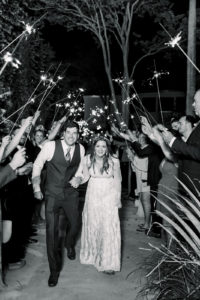 Boho Inspired Florida Bride and Groom Black and White Wedding Sparkler Exit Portrait | Tampa Bay Wedding Photographers Shauna and Jordon Photography