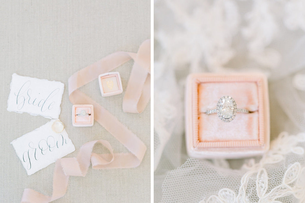 Florida Wedding Ring, Oval Diamond Engagement Ring with Halo Design and Diamond Band, Blush Pink The Mrs. Box Collection | Tampa Bay Wedding Photographers Shauna and Jordon Photography