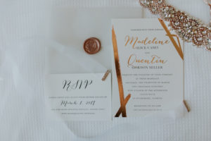Modern Gold Foil Wedding Invitation Suite with Rose Gold Bridal Rhinestone Wedding Belt