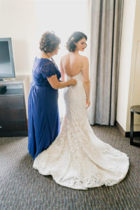 Tampa Bay Bride Getting Ready Wedding Portrait with Mom in Hayley Paige Lace Fitted Wedding Dress