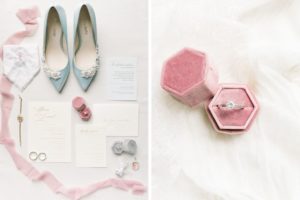Elegant Classic Ivory and Gold Wedding Invitation Suite, Something Blue Pointed Toe Wedding Shoes with Floral Pearl Embellishment, Brides Jewelry, Round Solitaire Diamond Engagement Ring in Pink Velvet Ring Box
