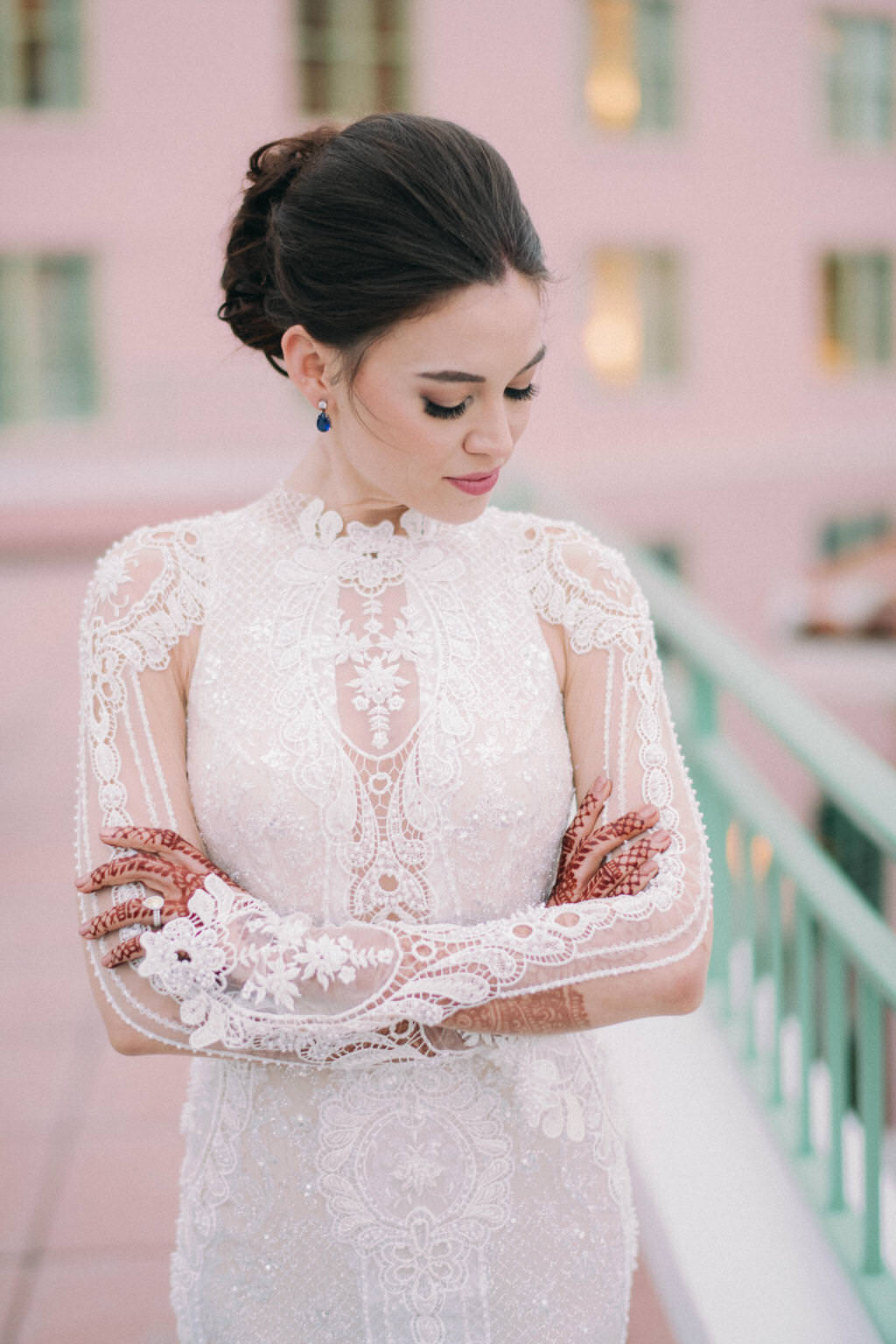 Florida Indian Bride Beauty Wedding Portrait in Floral Lace and Illusion Fitted High Neckline Long Sleeve Wedding Dress and Updo | South Tampa Couture Wedding Dress Boutique Isabel O'Neil Bridal Collection | Galia Lahav Couture Wedding Dress | Tampa Bay Bridal Hair and Makeup Artist Michele Renee The Studio