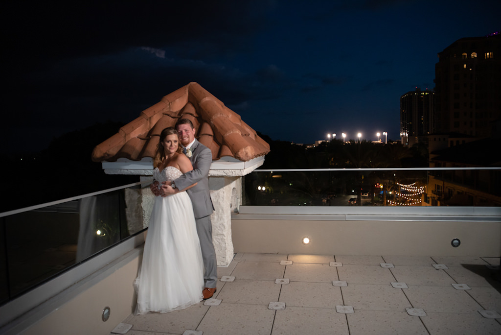 Downtown St. Pete City Backdrop Rooftop Balcony Bride and Groom Night Wedding Portrait | Boutique Hotel and Wedding Venue The Birchwood