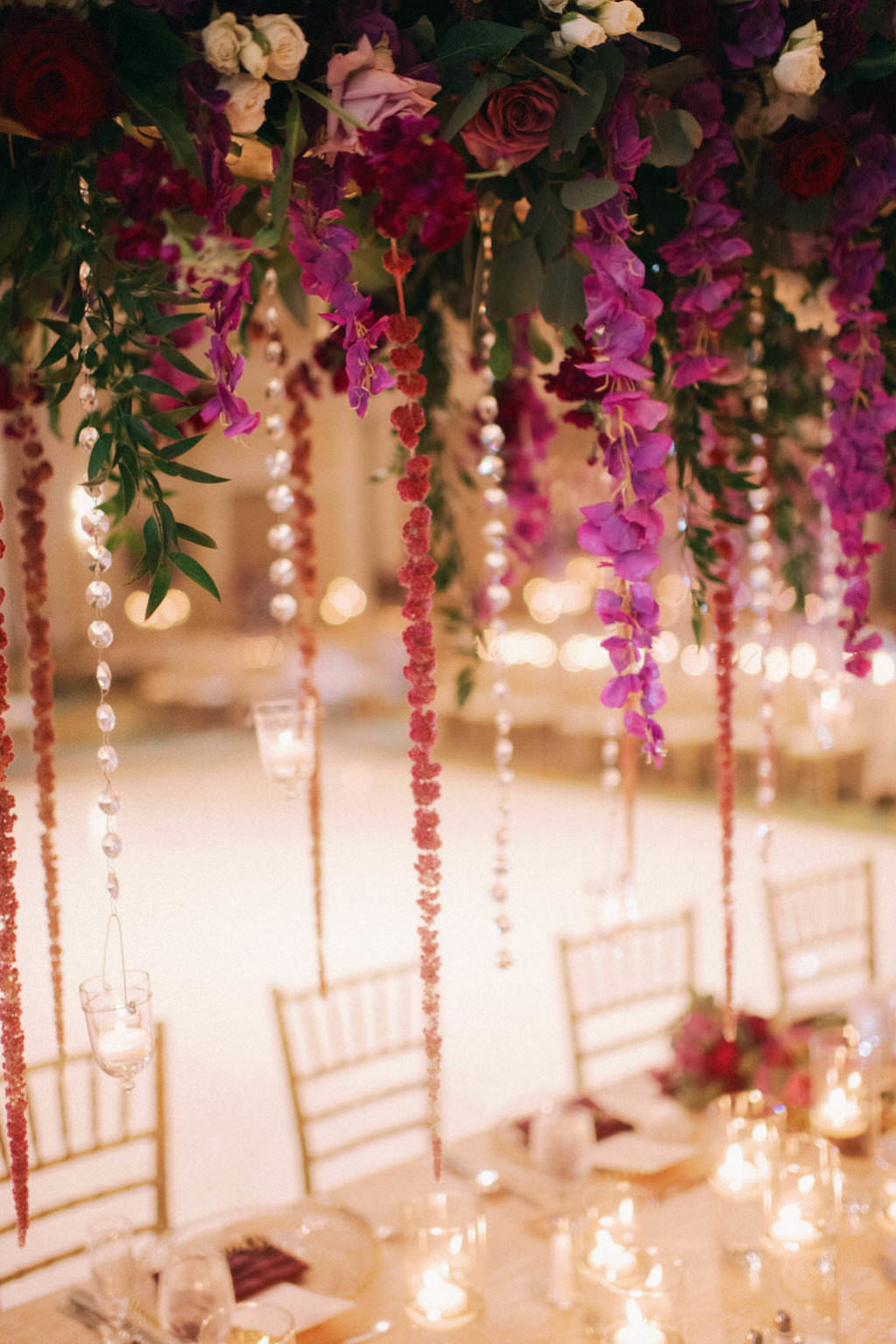 Elegant, Lush Wedding Reception Decor Portrait, Purple Hanging Amaranthus, Ivory, Red, Lilac and Greenery Floral Arrangement