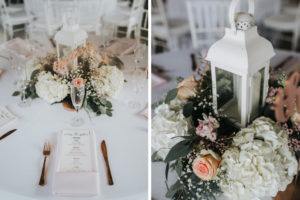 Rustic Chic Wedding Reception Decor, White Hydrangeas, Blush Pink Roses, Babys Breathe, and Greenery Flowers and White Lantern Centerpiece, Blush Pink Linen Napkin, Rose Gold Silverware | Tampa Wedding Planner Kelly Kennedy Weddings and Events