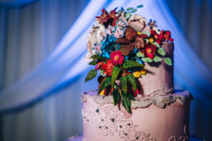 Unique Creative Wedding Cake with Floral Icing Accents, Red, Green, Blue, Purple Sugar Flower Cake Topper | Tampa Bay Wedding Baker Alessi Bakery
