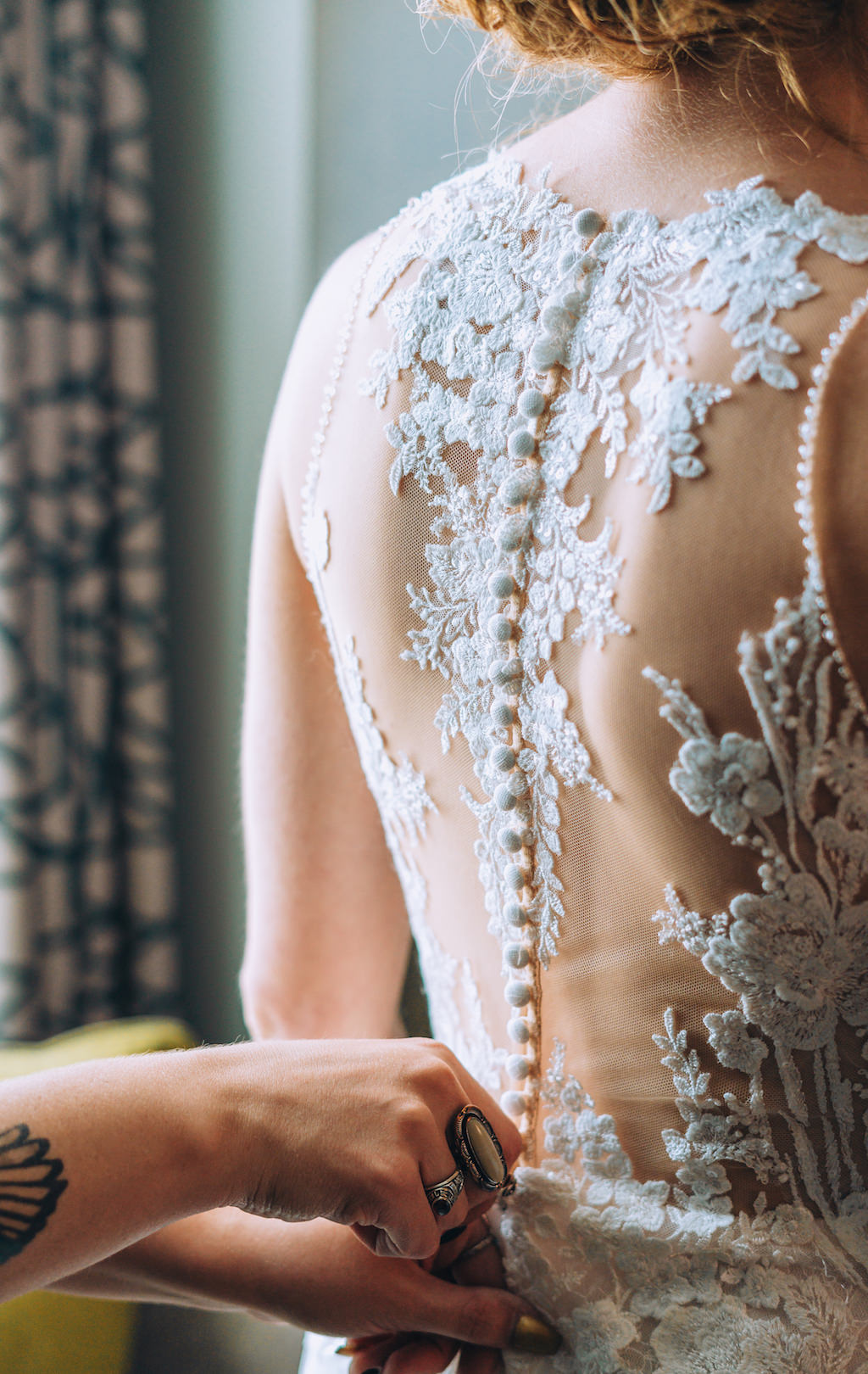 Florida Bride Getting Ready Wedding Dress Details Portrait, Lace and Illusion with Buttons Back Wedding Dress | Tampa Bay Wedding Attire Truly Forever Bridal | Styled Shoot