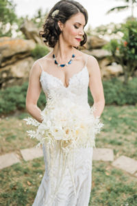 Florida Bride Beauty Wedding Portrait in Lace V Neckline Lace with Spaghetti Straps Fitted Hayley Paige Wedding Dress Holding All White Whimsy Floral Bouquet | Tampa Wedding Planner and Florist John Campbell Weddings