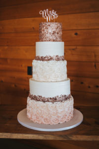 Elegant Five Tier White and Blush Pink Ombre Rose Frosted and Dark Pink Sparkle Embellished Wedding Cake with Custom Cake Topper | Tampa Wedding Planner Kelly Kennedy Weddings and Events
