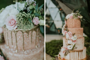 Unique Whimsical Garden Inspired White, Blush Pink and Gold Ombre Tiered Wedding Cake with Gold Drip Accent, Cascading Blush Pink and White Florals on Natural Edged Tree Round Cake Stand with Moss | St Pete Wedding Cake Bakery The Artistic Whisk | Tampa Bay Wedding Planner UNIQUE Weddings + Events