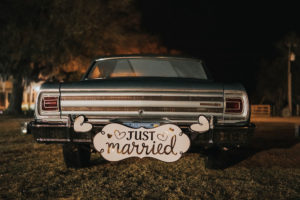 Vintage Car with Custom Wooden Just Married Sign