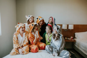 Tampa Bay Bride and Bridesmaids in Fun Animal Themed Rompers Bridal Party Getting Ready Wedding Portrait