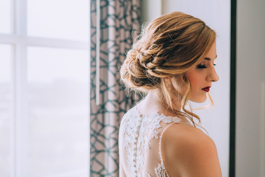 Tampa Bay Bridge Beauty Wedding Portrait, Romantic Updo and Neutral Makeup with Bold Red Lip | Wedding Makeup Artist Michele Renee the Studio | Styled Shoot