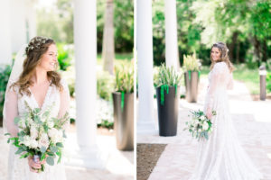 Florida Boho Inspired Bridal Portrait, Wearing White Lace A-Line Wedding Dress with Illusion Lace Sleeves By Melissa Sweet Bridal, Wearing Baby's Breath Floral Hair Accessory with Veil, Holding Lush White and Blush Pink Floral Bouquet with Greenery | Clearwater Wedding Hair and Makeup Artist Femme Akoi Beauty Studio | Tampa Bay Wedding Photographers Shauna and Jordon Photography