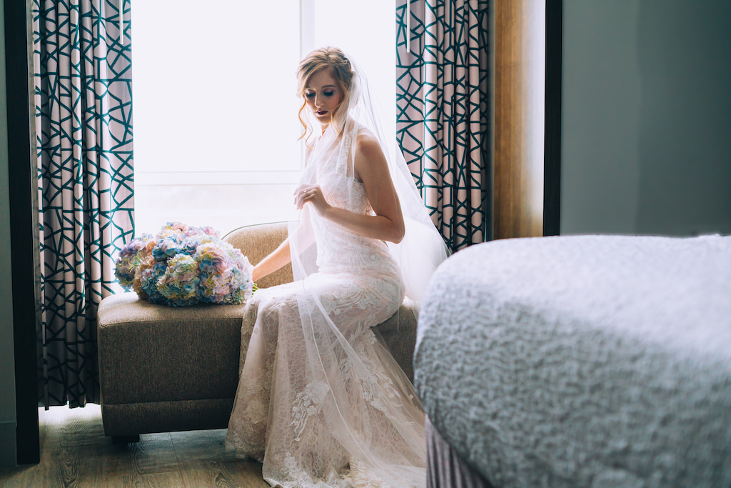 Tampa Bay Wedding Beauty Bridal Portrait with Colorful Bridal Bouquet and Cathedral Length Veil, Lace and Illusion Wedding Dress | Sarasota Wedding Attire Truly Forever Bridal | Wedding Hair and Makeup Michele Renee the Studio | Wedding Planner Special Moments Event Planning | Styled Shoot