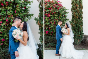 Tampa Bay Bride and Groom First Look Wedding Portrait, Bride in Rhinestone Bodice and Tulle Skirt Ballgown Wedding Dress Holding Pastel Blush Pink and White Floral Bouquet, Groom in Blue Suit | Tampa Wedding Venue The Westshore Yacht Club