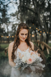 Rustic Chic Tampa Bride Beauty Wedding Portrait Holding Blush Pink and White Roses with Dusty Miller Floral Bridal Bouquet