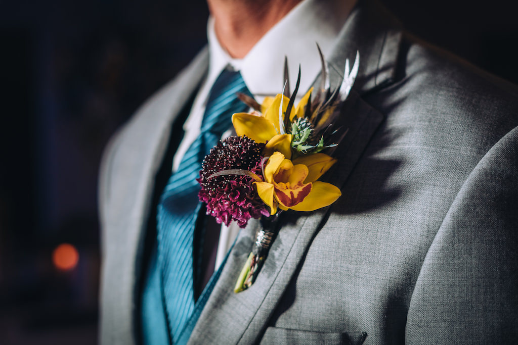 Florida Groom Wedding Portrait Unique Colorful Yellow and Purple Floral Boutonniere and Grey Suit with Blue Tie | Tampa Bay Wedding Attire Truly Forever Bridal | Wedding Planner Special Moments Event Planning | Styled Shoot