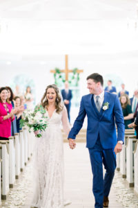 Boho Inspired Florida Bride and Groom Just Married at Wedding Recessional Down the Aisle Portrait | Tampa Bay Wedding Ceremony Venue Harborside Chapel | Tampa Bay Wedding Photographers Shauna and Jordon Photography
