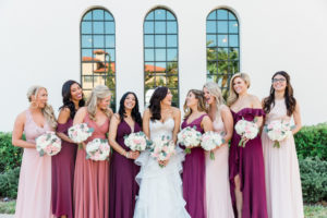 Tampa Bay Bride and Bridesmaids Bridal Party Portrait, Bridesmaids in Mix and Match Blush Pink and Maroon Floor Length Dresses, Bride in Sweetheart Strapless, Rhinestone Bodice and Tulle Skirt Ballgown Wedding Dress
