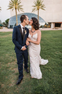St. Pete Bride and Groom Outdoor Wedding Portrait | Hayley Paige Beaded Wedding Dress | Salvador Dali Museum