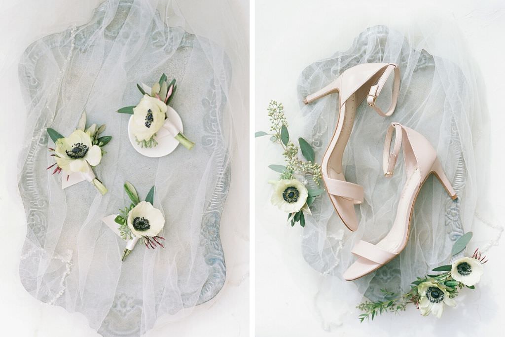 Elegant Wedding Style, Antique Silver Tray with White Anemone Flowers, Nude Strappy Sandal Wedding Bridal Shoes