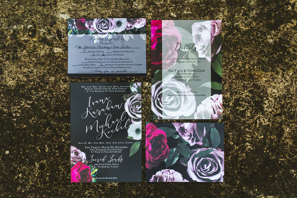 Classy Boho Black with Pink and Purple Rose Floral Wedding Invitation Suite