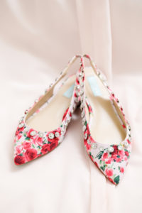 Pink and White Floral Pointed Toe Elastic Heel Strap with Rhinestones