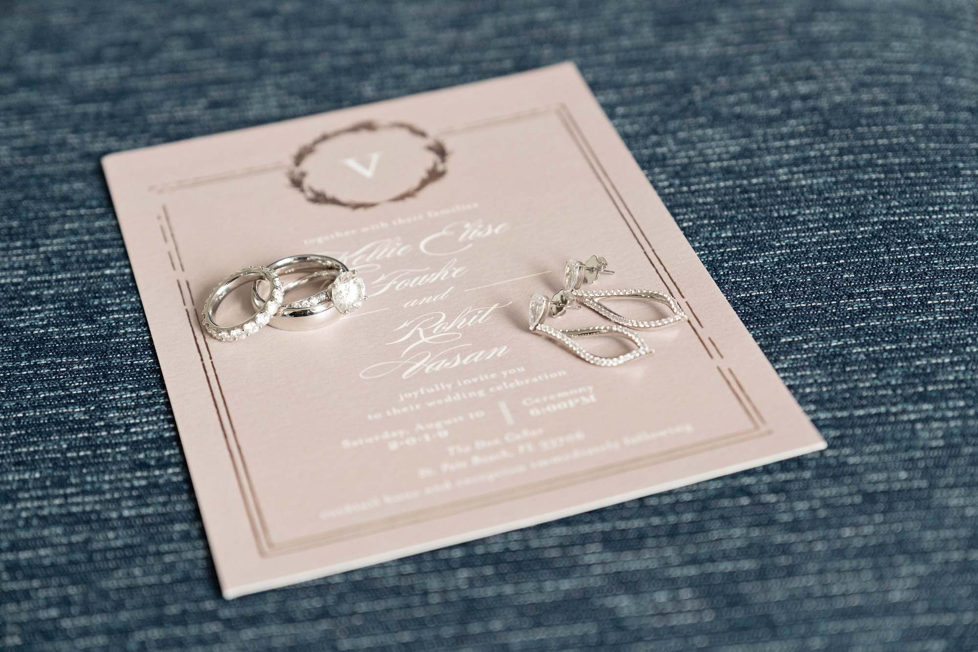 Classic Dusty Rose Wedding Invitation with Bridal Details, Teardrop Earrings, Solitaire Engagement Ring with Wedding Band.