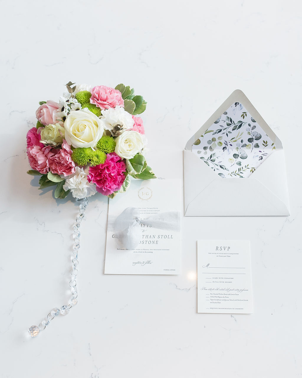 Classic Elegant Floral Envelope Liner, Grey and White Modern Wedding Invitation Suite, Colorful Pink, Blush Pink, Ivory Rose and Greenery Floral Bridal Bouquet with Crystals | St. Pete Wedding Photographer Kristen Marie Photography | Downtown St. Pete Wedding Florist Brides N Blooms | Wedding Stationery and Invitations A&P Design Co