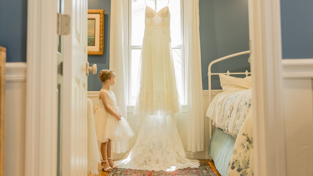 Boho Inspired Lace V Neckline with Strap Stella York Wedding Dress and Flower Girl Portrait