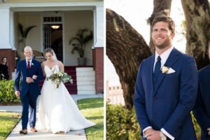 Tampa Bay Bride Walking with Father Processional, Groom Reaction to Bride Portrait