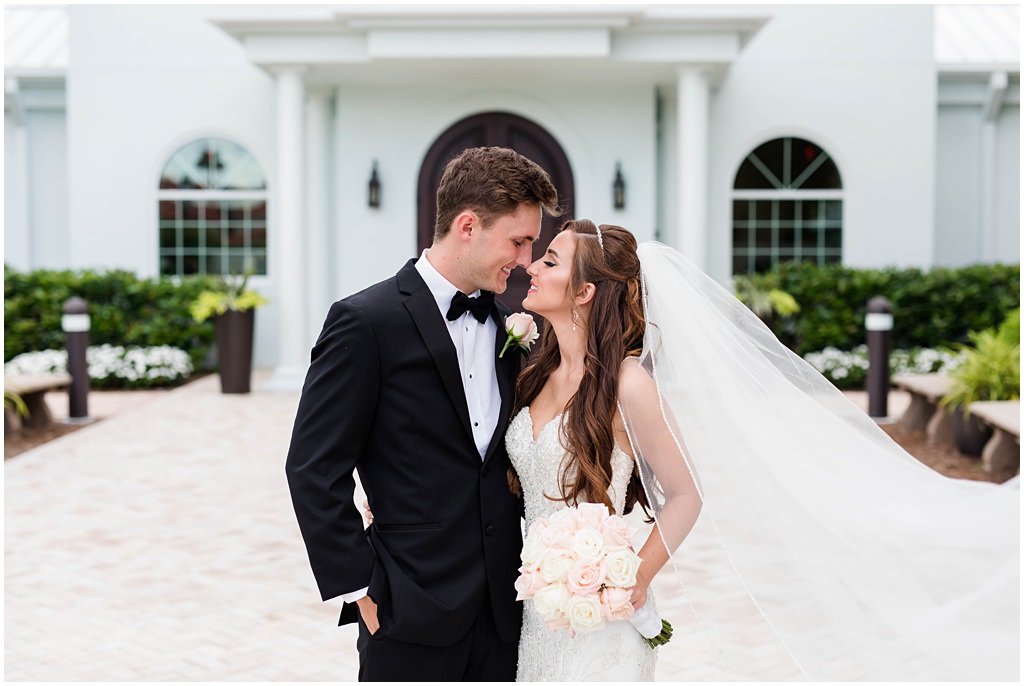 Embroidered Sweetheart Gown Cathedral Veil | Black Suit Groom Tux | Tampa Safety Harbor Wedding Venue Harborside Chapel