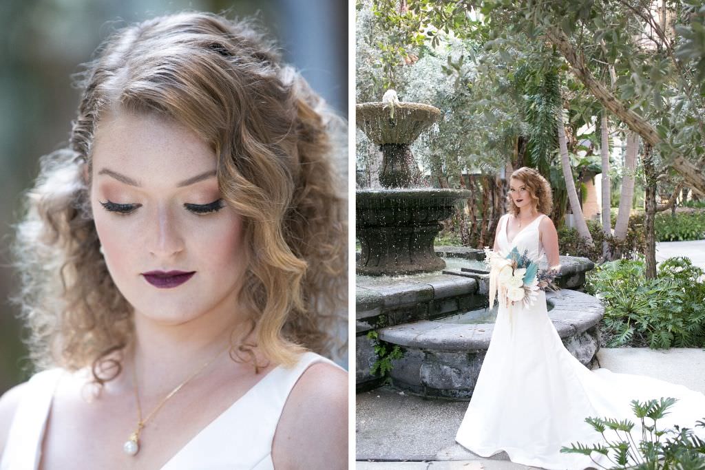 Bride with Short Hair and Loose Waves Pulled to Side, Natural Makeup Look with Bold Plum Lip Wearing Classic A-Line V Neck Wedding Dress Holding Unique White Roses with Greenery Floral Bridal Bouquet | Tampa Bridal Wedding Dress Boutique Truly Forever Bridal | South Tampa Bridal Hair and Makeup Michele Renee the Studio | Wedding Planner and Florist John Campbell Weddings | Wedding Photographer Carrie Wildes Photography