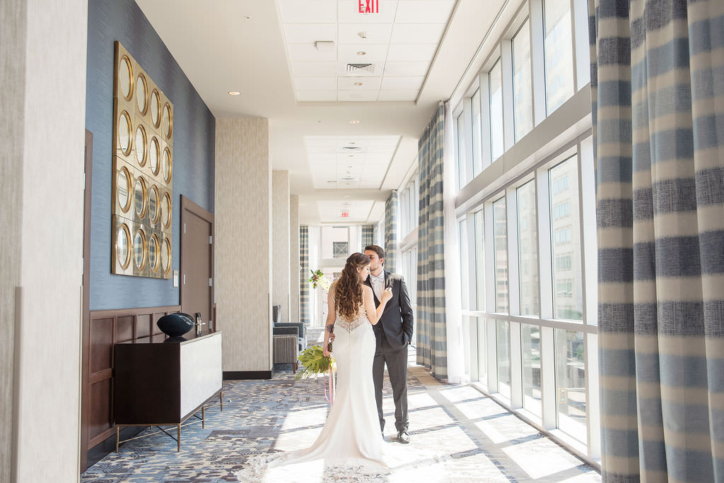 Florida Bride and Groom Wedding Portrait |Tampa Bay Wedding Photographer Kristen Marie Photography | Hotel Wedding Venue Hyatt Place Downtown St. Pete | Wedding Attire Nikki's Glitz and Glam Boutique | Wedding Hair and Makeup LDM Beauty Group