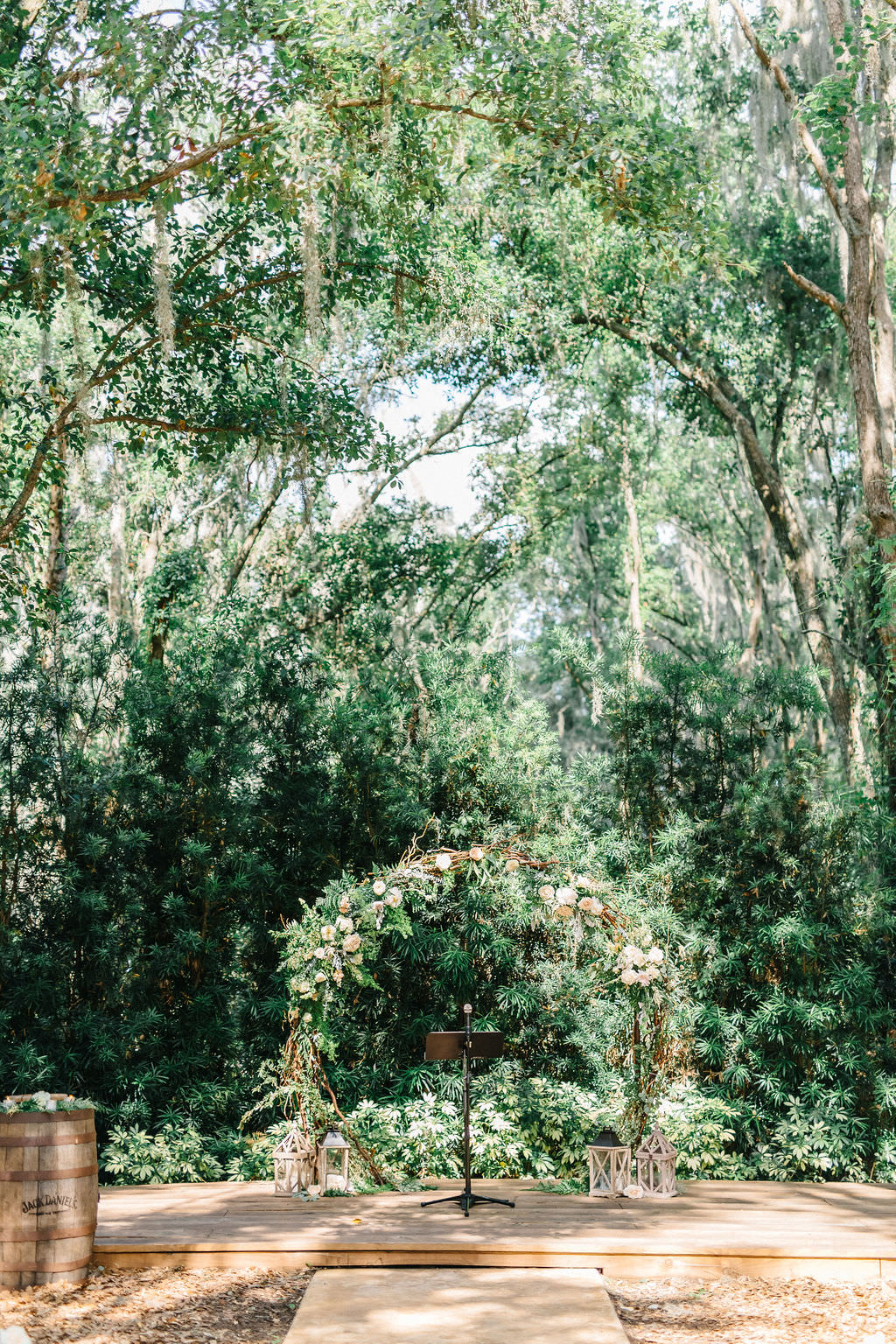 Whimsical Greenery Inspired Wedding Ceremony Decor Under Canopy of Oak Trees | Tampa Bay Rustic Garden Wedding Venue Florida Rustic Barn Weddings