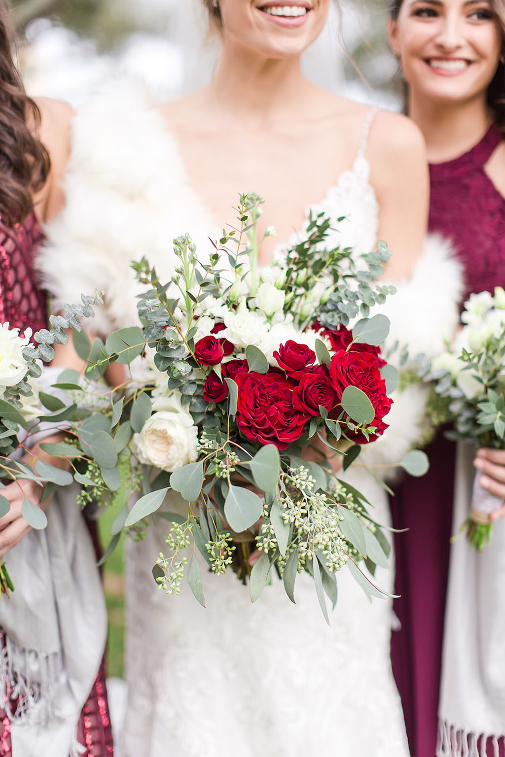 Christmas Inspired Bridal Bouquet, Rustic Chic White Roses, Deep Red Florals, Textured Greenery | Florida Luxury Wedding Photographers Shauna and Jordon Photography